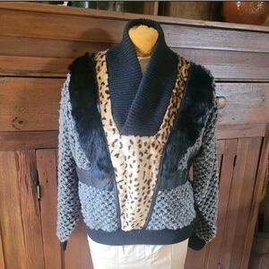 Plush Leopard Trim Mixed-Knit Women's Jacket - Gray